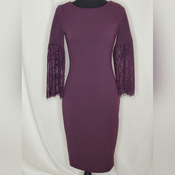 Calvin Klein Eggplant Boat Neck Lace Bell Sleeves Sheath Dress - Size 2 - Picture 2 of 10